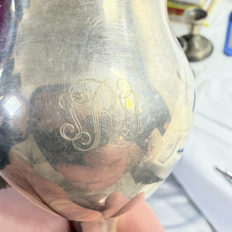 Lot 514: Pair of silver Plate  stemmed goblets, monogrammed "TRS", dated 5-11-73