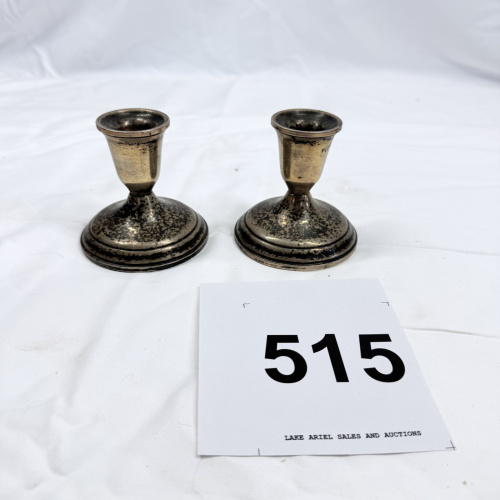 Lot 515: Vintage tarnished Sterling silver weighted candlestick holders, pair, small size