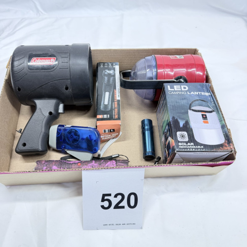 Lot 520: Flashlight & lantern lot: Coleman spotlight, Marlboro camp lantern, LED solar camping lantern, tactical zoom flashlight, camo & mini flashlights