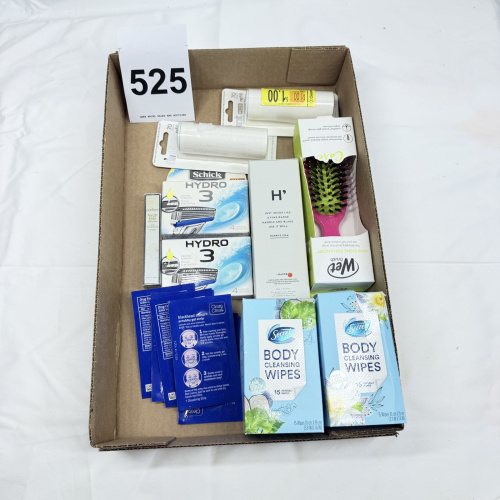 Lot 525: Mixed personal care lot: Schick Hydro 3 cartridges, Harry's razor, Wet Brush Mini Shine Enhancer, Secret Body Cleansing Wipes, Purlisse BB Concealer