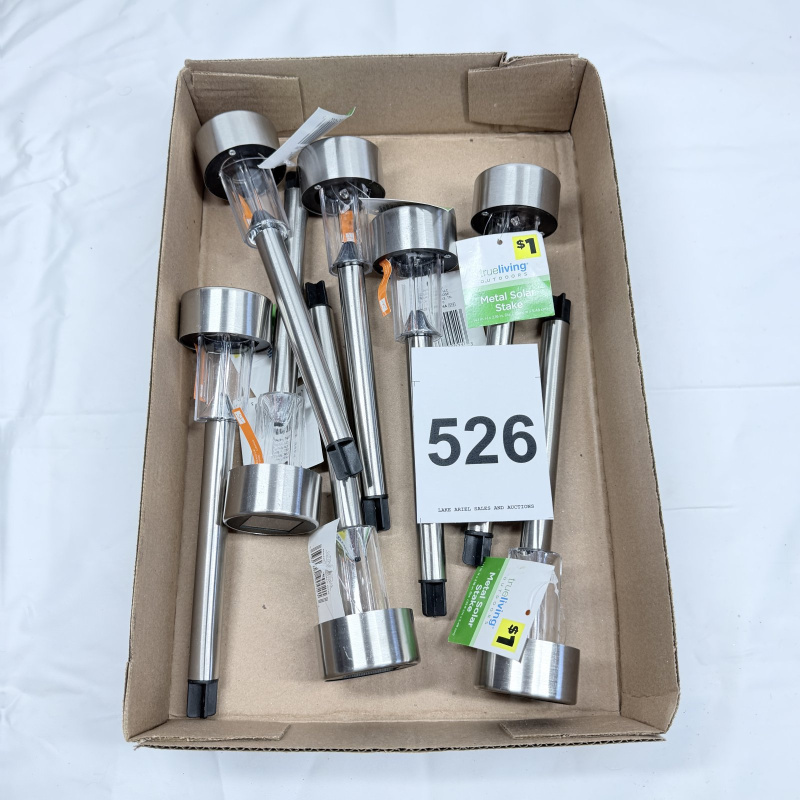 Lot 526: True Living Outdoors Metal Solar Stake garden lights, lot of 8, stainless steel