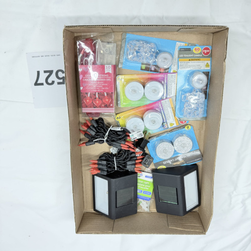 Lot 527: Lot of LED lights: Luminessence tealight candles, Valentine heart string lights, red mini string lights, solar stair lights, Sylvania stair light