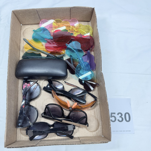 Lot 530: Vintage sunglasses lot with heart-shaped novelty glasses and hard case, assorted styles