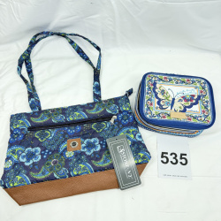 Lot 535: Stone Mountain quilted paisley tote bag with tags and Brighton "Find the Beauty" butterfly jewelry travel case