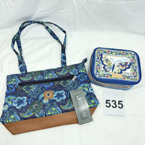 Lot 535: Stone Mountain quilted paisley tote bag with tags and Brighton "Find the Beauty" butterfly jewelry travel case