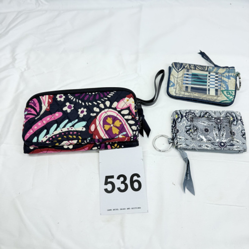 Lot 536: Vera Bradley wallets and card case lot, 3 pieces including wristlet wallet, card holder wristlet, and zip key ring wallet