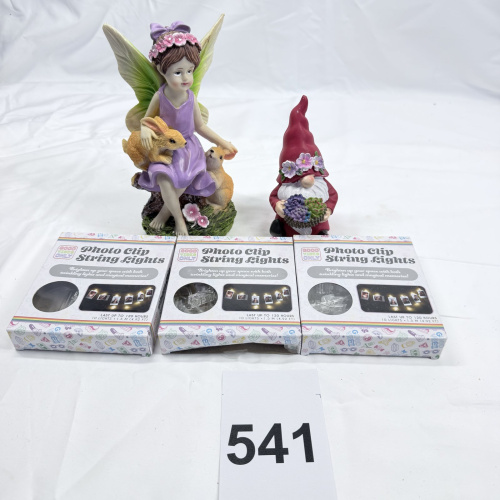 Lot 541: Fairy with bunnies & garden gnome resin figurines with 3 Good Vibes Only Photo Clip String Lights sets