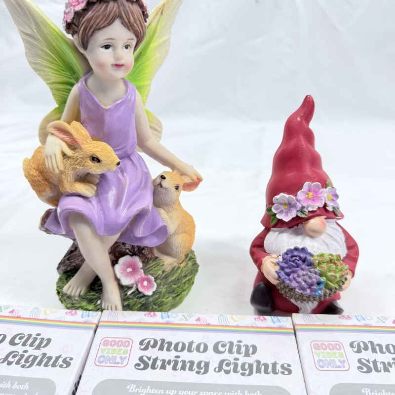 Lot 541: Fairy with bunnies & garden gnome resin figurines with 3 Good Vibes Only Photo Clip String Lights sets