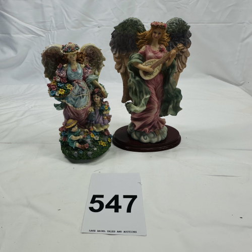 Lot 547: Vintage resin angel figurines pair, "Gift" label & mandolin-playing angel on wood base, made in China