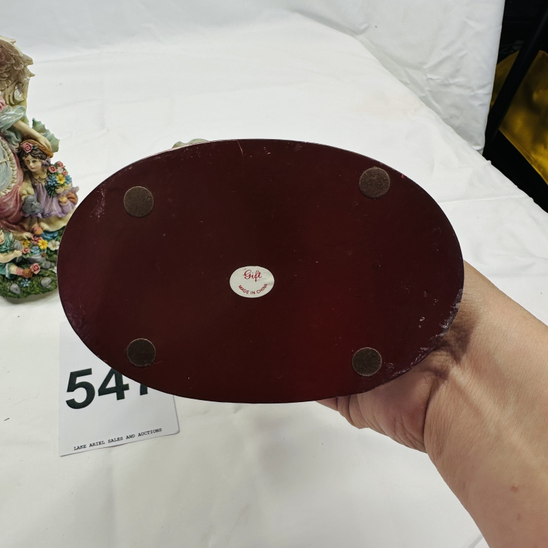 Lot 547: Vintage resin angel figurines pair, "Gift" label & mandolin-playing angel on wood base, made in China