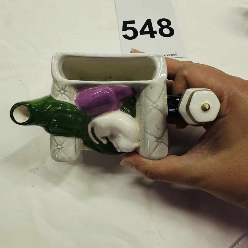 Lot 548: Vintage porcelain cat figurine lot: kitten, sofa planter, candle holder, and coin bank, set of 4