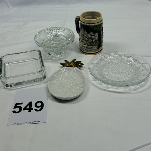 Lot 549: Vintage Japan ceramic beer stein with relief pagoda scene, glass bowl/tray lot with brass-topped ceramic pineapple dish