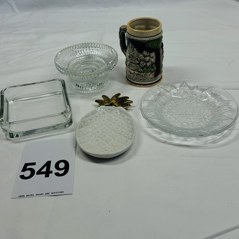Lot 549: Vintage Japan ceramic beer stein with relief pagoda scene, glass bowl/tray lot with brass-topped ceramic pineapple dish