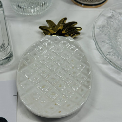 Lot 549: Vintage Japan ceramic beer stein with relief pagoda scene, glass bowl/tray lot with brass-topped ceramic pineapple dish