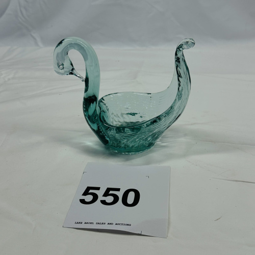 Lot 550: Vintage aqua art glass swan dish, hand-blown diamond-point pattern
