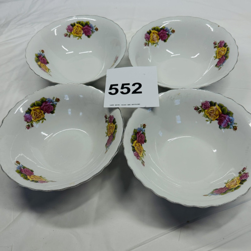 Lot 552: Vintage Allied Design "Classic White" rose floral cereal bowls, set of 4, silver trim