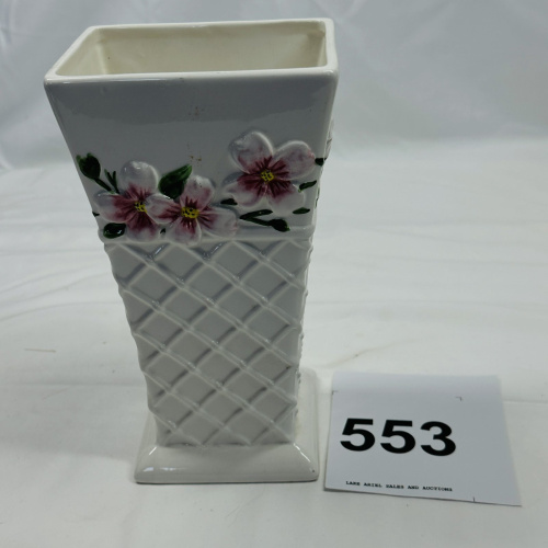 Lot 553: Vintage square ceramic vase with hand-painted dogwood flowers, quilted lattice basketweave base