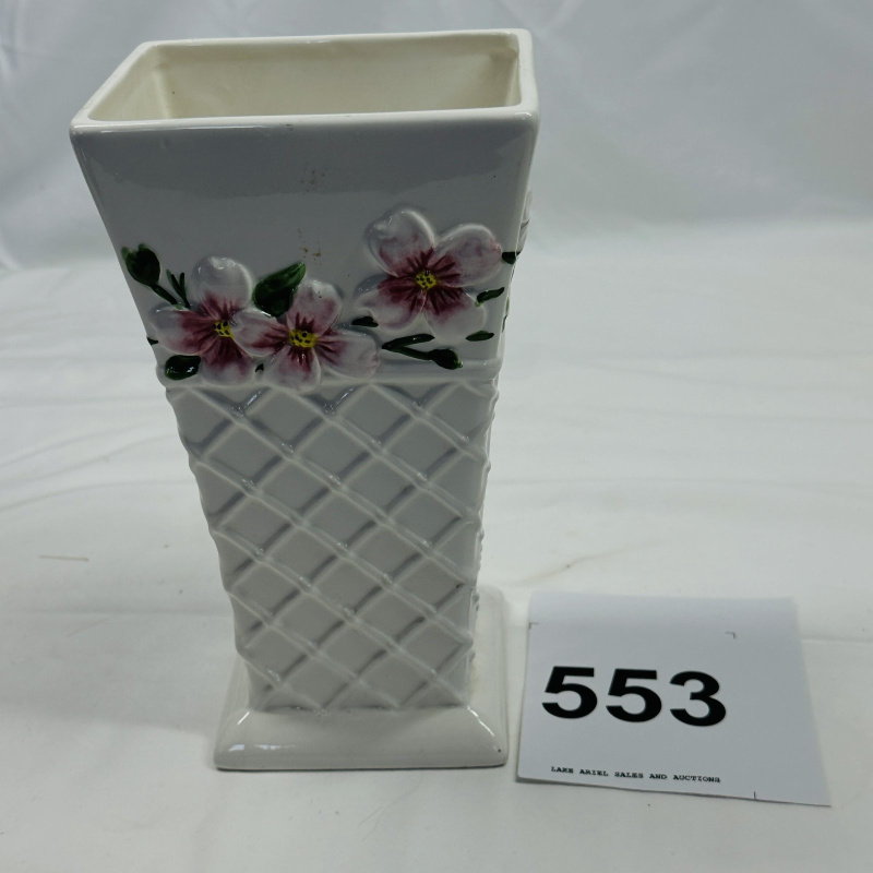 Lot 553: Vintage square ceramic vase with hand-painted dogwood flowers, quilted lattice basketweave base