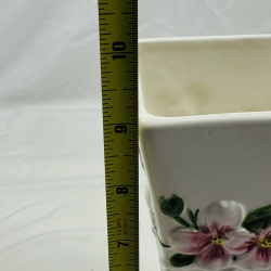 Lot 553: Vintage square ceramic vase with hand-painted dogwood flowers, quilted lattice basketweave base