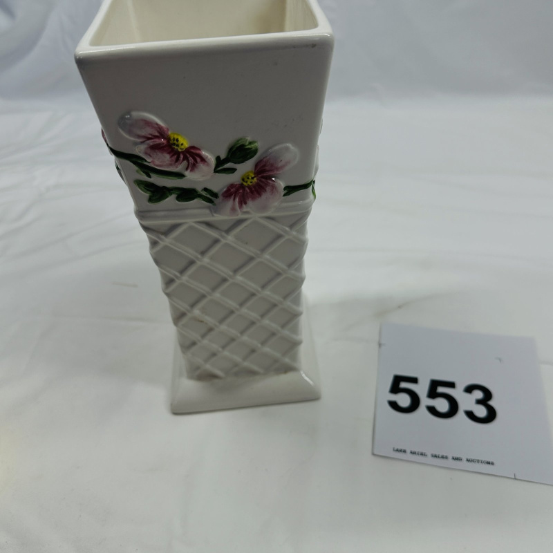 Lot 553: Vintage square ceramic vase with hand-painted dogwood flowers, quilted lattice basketweave base