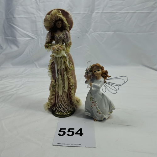 Lot 554: Shanghai Catherine "Angel with Flowers" resin figurine, FG5028, with porcelain Victorian lady figure on stand