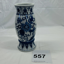 Lot 557: Blue and white porcelain vase, hand-painted lotus flower and scroll design, footed baluster form