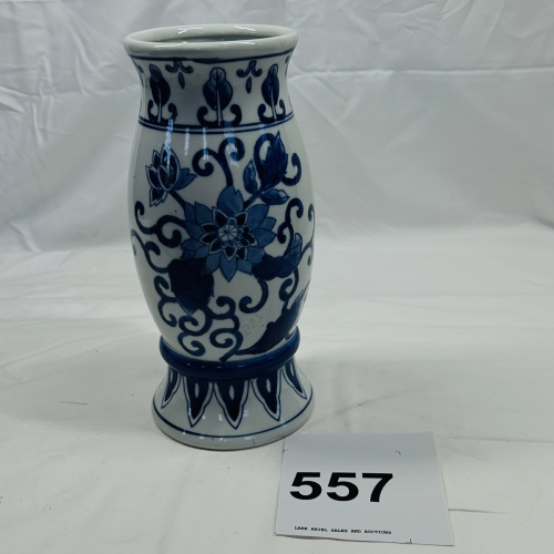 Lot 557: Blue and white porcelain vase, hand-painted lotus flower and scroll design, footed baluster form