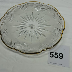Lot 559: Mikasa "Bells of Joy" gold-rim glass hostess platter, 14 3/4" diameter, WY955/516