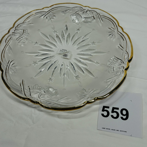 Lot 559: Mikasa "Bells of Joy" gold-rim glass hostess platter, 14 3/4" diameter, WY955/516