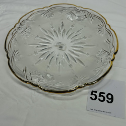 Lot 559: Mikasa "Bells of Joy" gold-rim glass hostess platter, 14 3/4" diameter, WY955/516