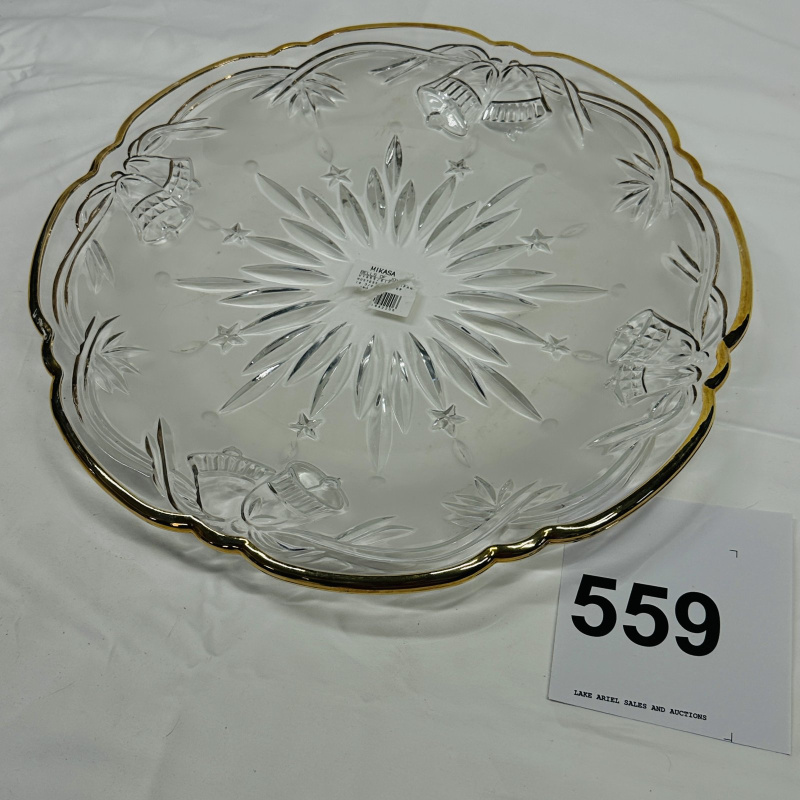 Lot 559: Mikasa "Bells of Joy" gold-rim glass hostess platter, 14 3/4" diameter, WY955/516