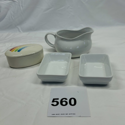 Lot 560: Vintage Pfaltzgraff "PIC China" white porcelain gravy boat with rectangular dishes and rainbow-lid trinket box, restaurant ware set