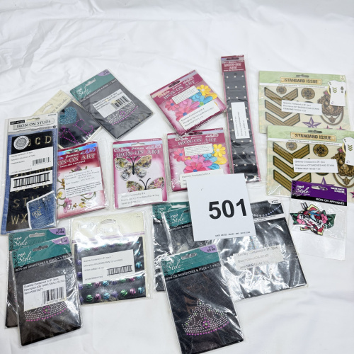 Lot 501: Iron-On Applique & Rhinestone Craft Lot, Next Style Fashion Art / Premium Iron-On Art / Standard Issue, assorted studs, badges & transfers