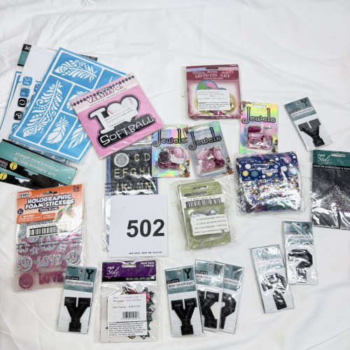 Lot 502: Craft supply lot: Next Style iron-on appliques, sew-on jewels, sequins, stencils, holographic foam stickers, Varsity U. "I Love Softball" applique