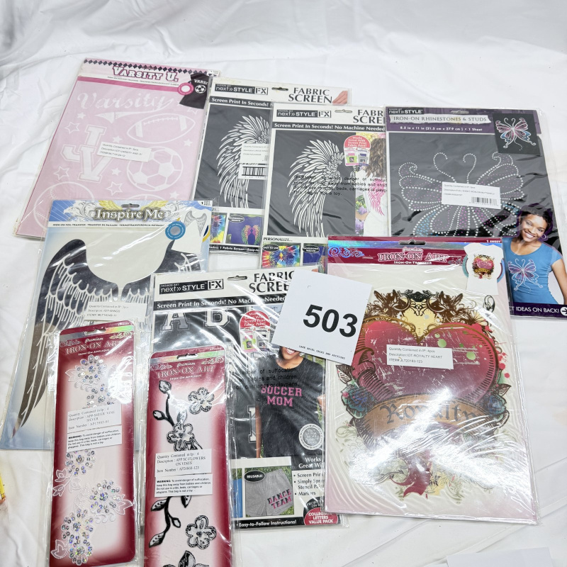 Lot 503: Iron-on transfer & fabric craft lot: Varsity U., Next Style FX Fabric Screens, Inspire Me wings, Royalty Heart, rhinestone appliques