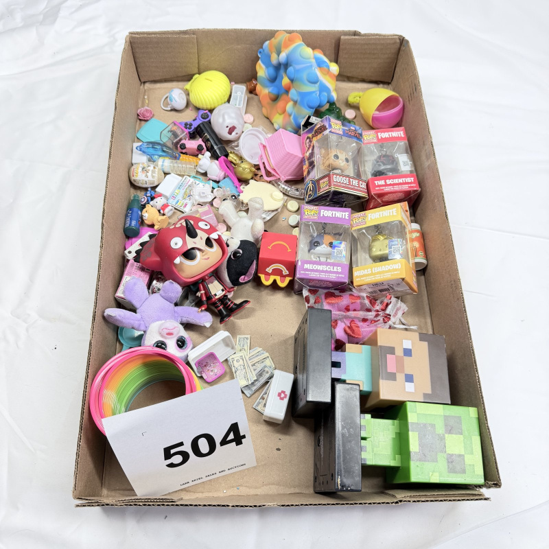Lot 504: Mixed toy lot: Funko Pocket Pop Keychains (Fortnite, Marvel), Minecraft foam blocks, plush toys, Animal Crossing figure, and small novelty items