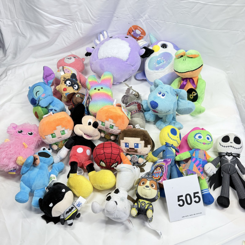Lot 505: Mixed plush toy lot: Squishmallows, Disney Stitch/Mickey/Olaf, Care Bear, Nightmare Before Christmas, Marvel, DC Batman, Paw Patrol, Peeps & Minecraft figures