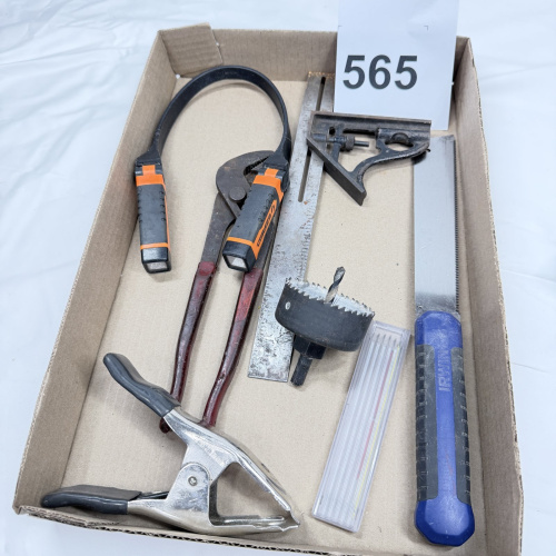 Lot 565: Tool lot: Craftsman pliers, combination square, hole saw, IRWIN saw, spring clamp, oil filter wrench, feeler gauge set