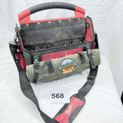 Lot 568: Milwaukee Jobsite Tool Bag with Insulators Local No. 2 embroidered roll pouch, soft-sided open-top tote