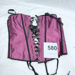 Lot 580: Pink dot-pattern lace-up corset with garter straps, Size L, 90% Polyester/10% Spandex