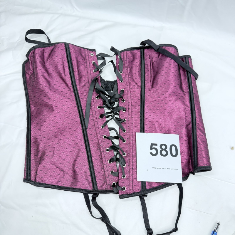 Lot 580: Pink dot-pattern lace-up corset with garter straps, Size L, 90% Polyester/10% Spandex