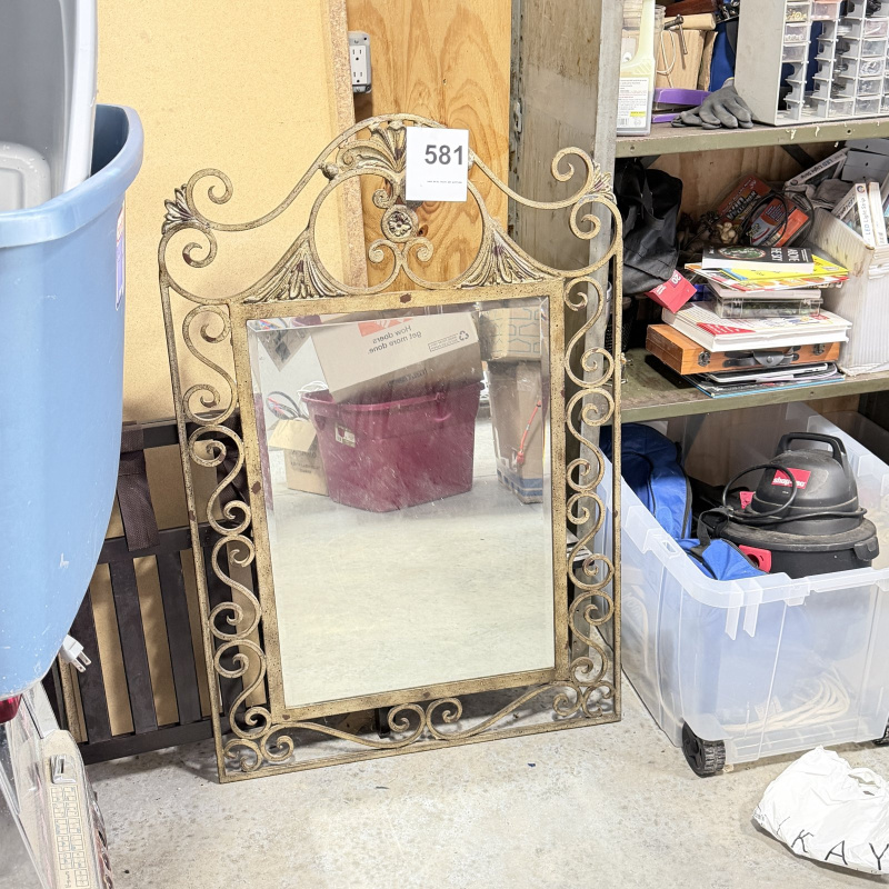 Lot 581: Vintage wrought iron scrollwork wall mirror, distressed gold-painted finish, arched crest with acanthus leaf detail
