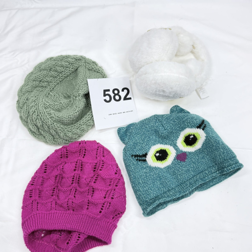 Lot 582: Knit winter hats (3) and faux fur earmuffs, owl face beanie lot