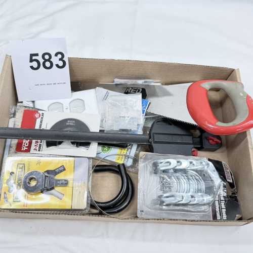 Lot 583: Mixed household tool & hardware lot: Hyper Tough oscillating saw blades, Rockwell blade, handsaw, universal tool hooks, curtain rod brackets