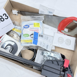 Lot 583: Mixed household tool & hardware lot: Hyper Tough oscillating saw blades, Rockwell blade, handsaw, universal tool hooks, curtain rod brackets