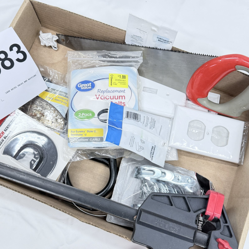Lot 583: Mixed household tool & hardware lot: Hyper Tough oscillating saw blades, Rockwell blade, handsaw, universal tool hooks, curtain rod brackets