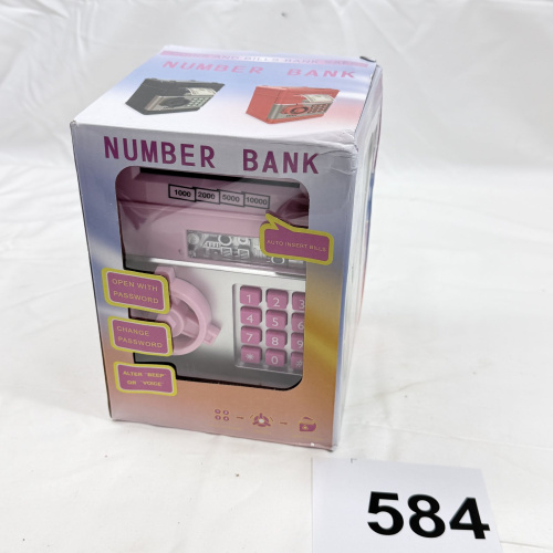 Lot 584: Pink electronic "Number Bank" ATM safe piggy bank, password entry with auto insert bills coin & bill toy safe