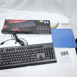 Lot 585: iHome Classic corded desktop keyboard (NIB), Razer wired gaming keyboard, and HandStands blue Mouse Mat, lot of 3