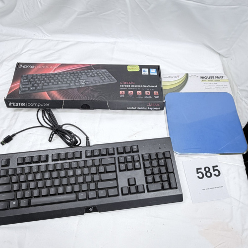 Lot 585: iHome Classic corded desktop keyboard (NIB), Razer wired gaming keyboard, and HandStands blue Mouse Mat, lot of 3