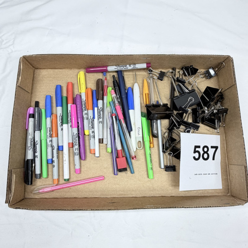 Lot 587: Assorted Sharpie permanent markers, pens & pencils with black binder clips office supply lot